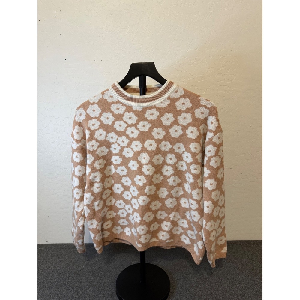 Prettygarden Tan White Daisy Floral Crewneck Sweater Ribbed Trim Size Medium
